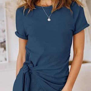 Short Sleeve Round Neck T-Shirt Dress Ruched Faux Wrap Tie Waist Size Large Navy